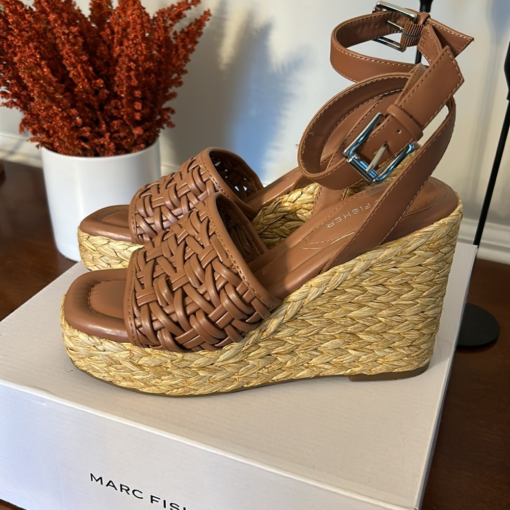 Marc Fisher Godina Espadrille Square Toe Wedge Sandals.